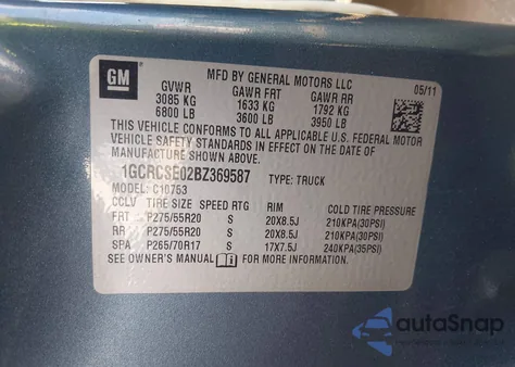 2011 Chevrolet Silverado 1500 Lt from USA, damaged, VIN 1GCRCSE02BZ369587